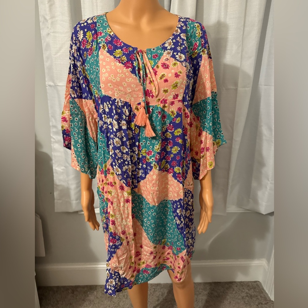 Cool Easel size M multi color multi floral print tassel tie dress women new